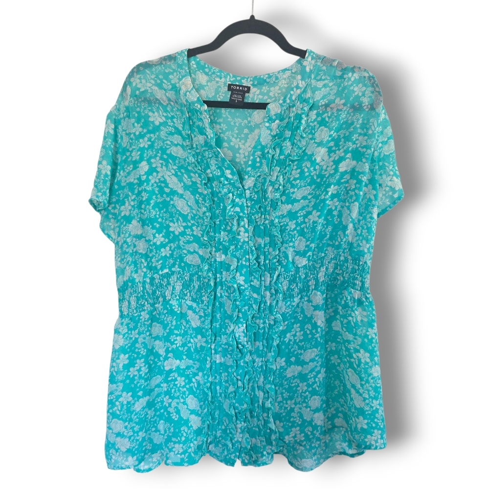 Torrid Teal Floral Button Up Ruffle Blouse Elastic Waist Plus Size 3x